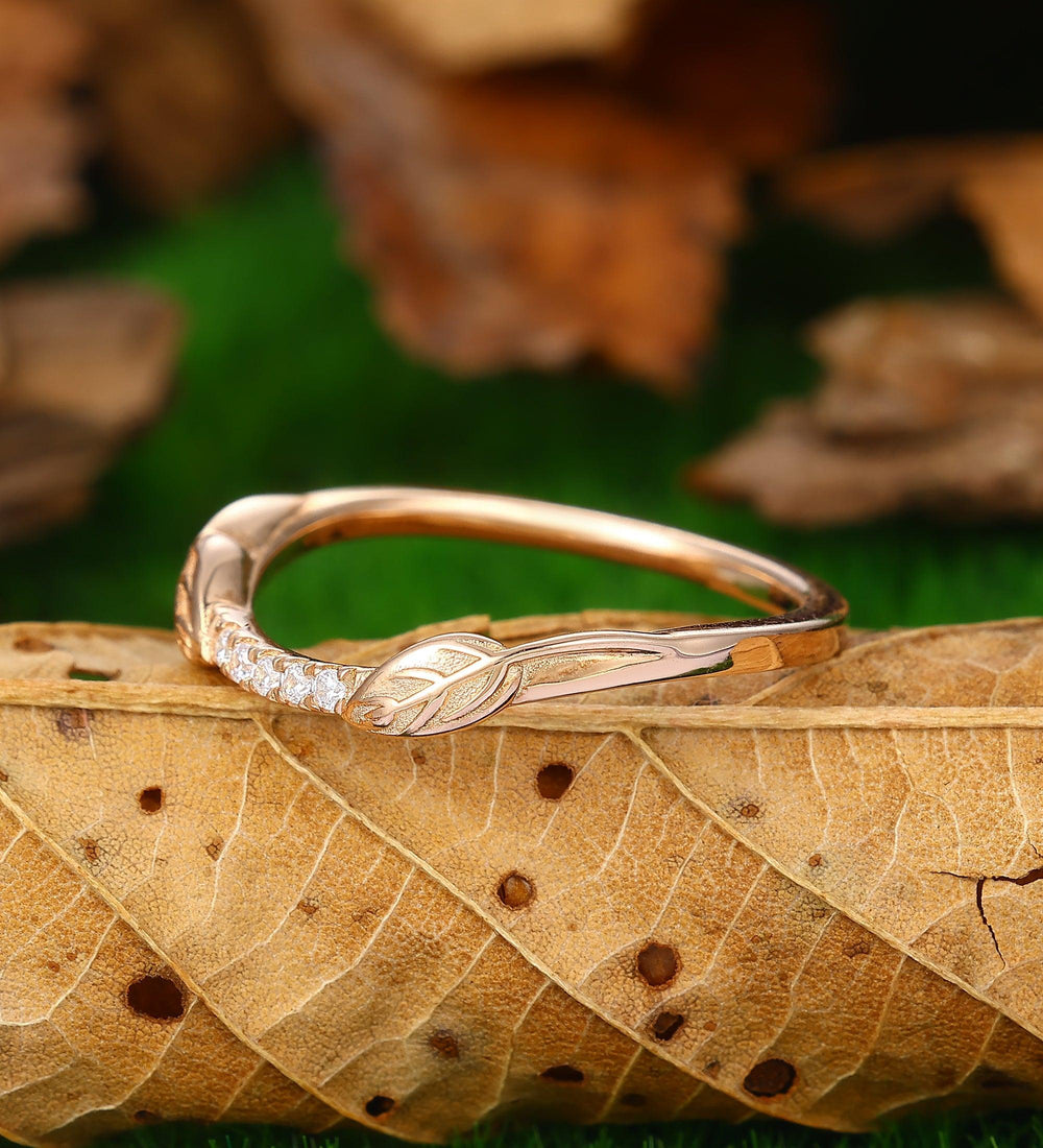 unique moissanite wedding band curved leaf band women unique leaf stacking matching rings - Esdomera