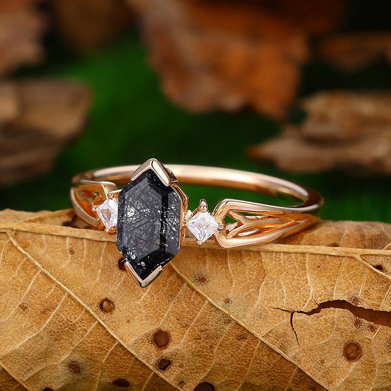 Unique Natural Black Rutilated Quartz Diamond Half Eternity Promise In Sliver Ring - Esdomera
