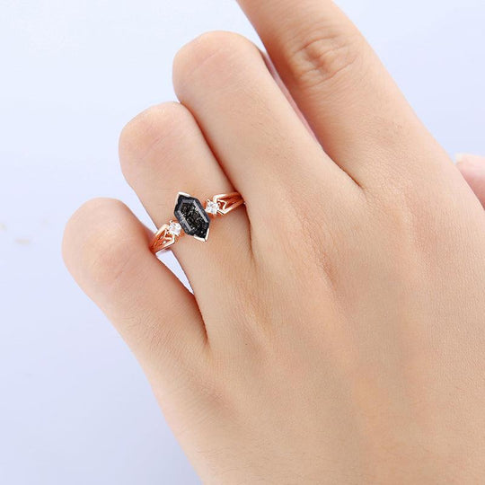 Unique Natural Black Rutilated Quartz Diamond Half Eternity Promise In Sliver Ring - Esdomera