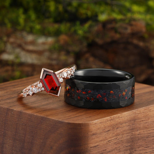 Unique Natural Red Garnet His and Hers Matching Wedding Band Rose Gold & Black Tungsten Couples Ring - Esdomera