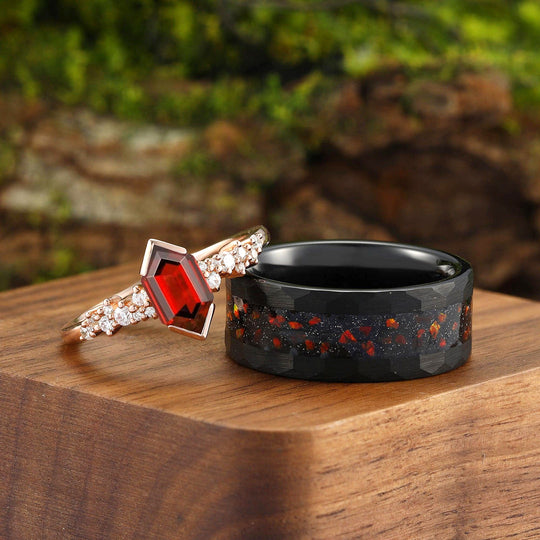 Unique Natural Red Garnet  His and Hers Matching Wedding Band Rose Gold Black Tungsten  Couples Ring