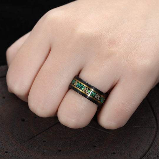 Unique Opal Gold Leaf Ring Mens Wedding Band 8mm Emerald Green Fire Opal Gold Leaf Foil Matte Black Gold Accent - Esdomera