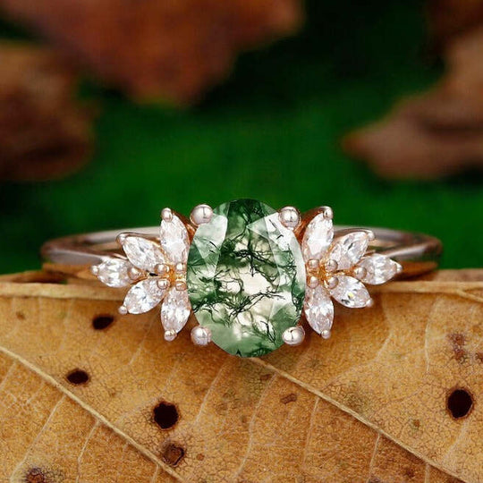 Unique Oval Cut 1.5CT Natural Moss Agate Wedding Ring Floral Halo Moissanite Promise Ring