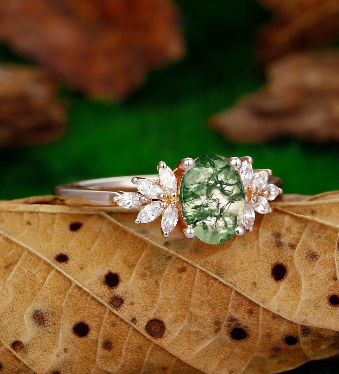 Unique Oval Cut 1.5CT Natural Moss Agate Wedding Ring Floral Halo Moissanite Promise Ring - Esdomera