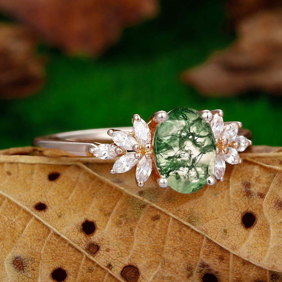 Unique Oval Cut 1.5CT Natural Moss Agate Wedding Ring Floral Halo Moissanite Promise Ring