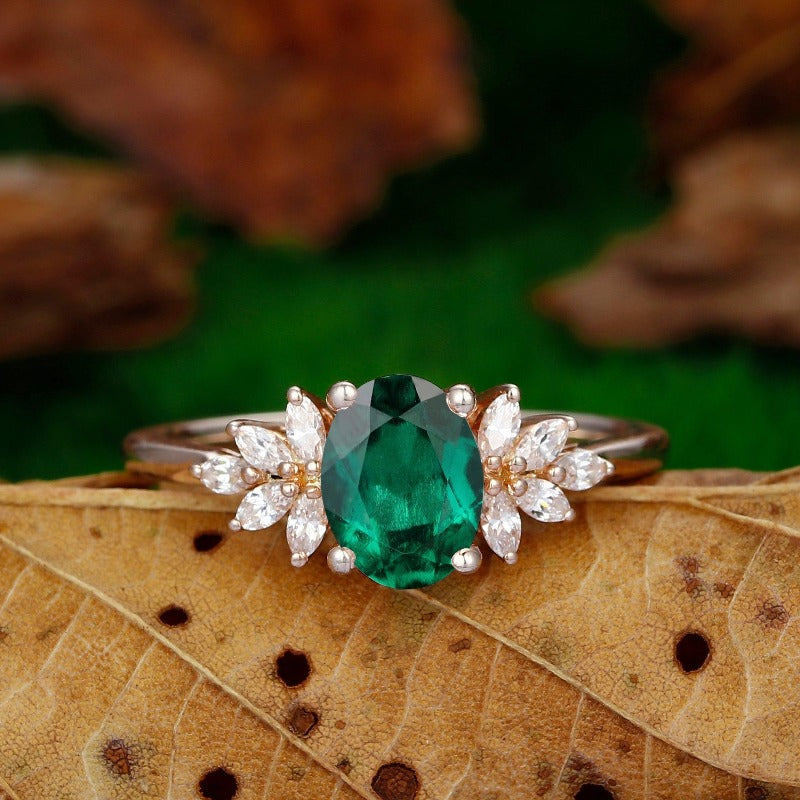 Unique Oval Cut Green Emerald 14k Rose Gold Prong Set Moissanite Wedding Ring - Esdomera