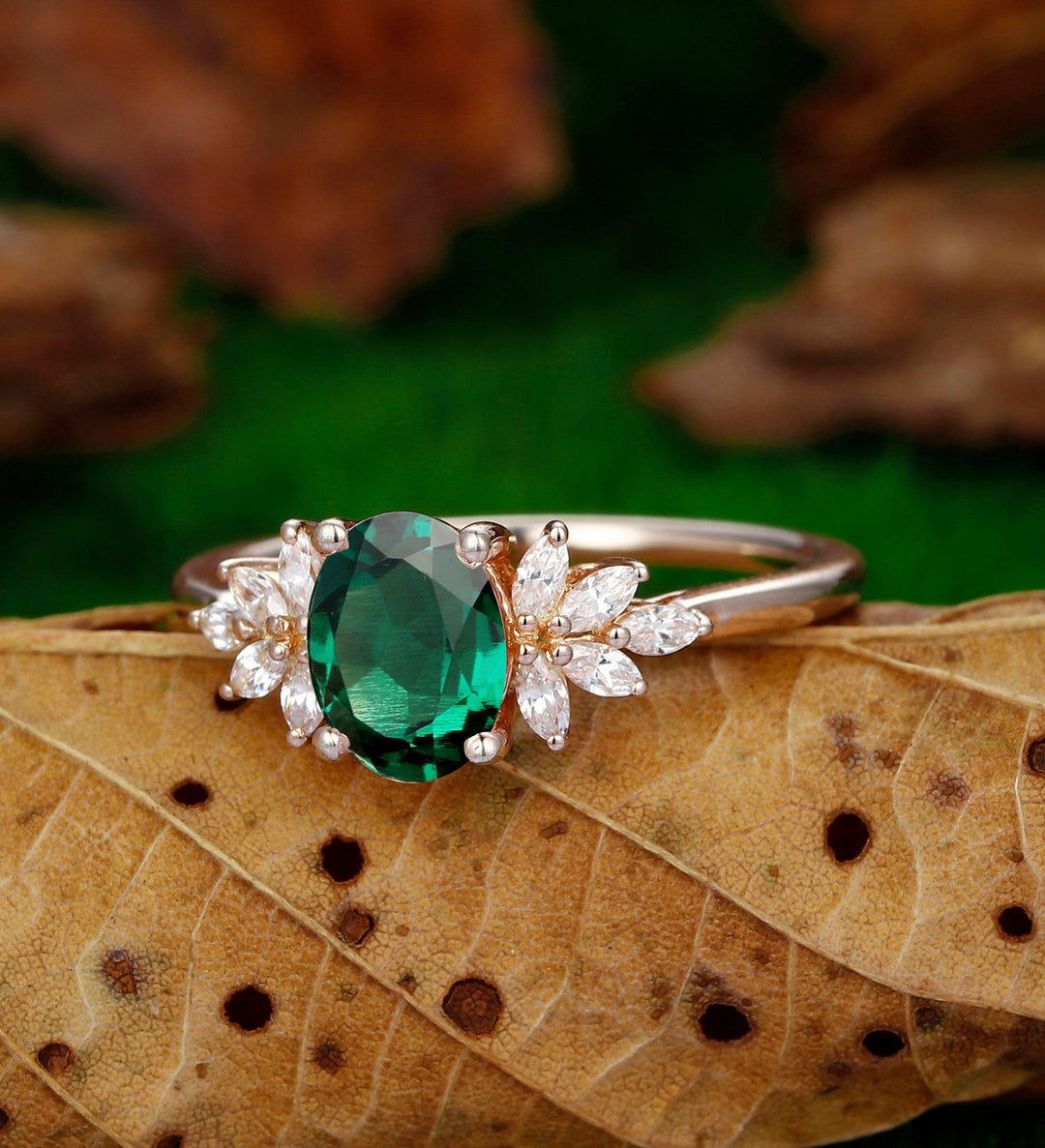 Unique Oval Cut Green Emerald 14k Rose Gold Prong Set Moissanite Wedding Ring - Esdomera