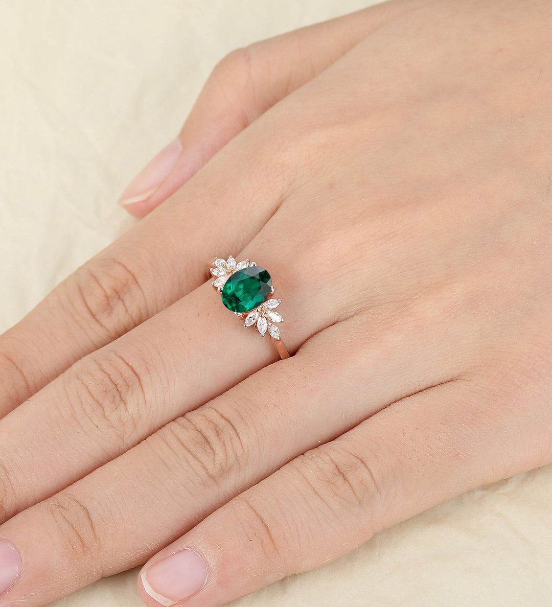 Unique Oval Cut Green Emerald 14k Rose Gold Prong Set Moissanite Wedding Ring - Esdomera