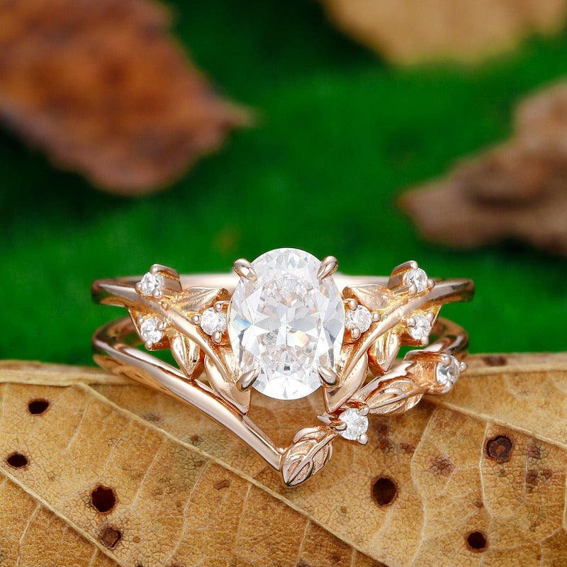Unique Oval Shaped 1.5Carat Moissanite Rose Gold Leaf Stacking Art Deco Bridal Set - Esdomera