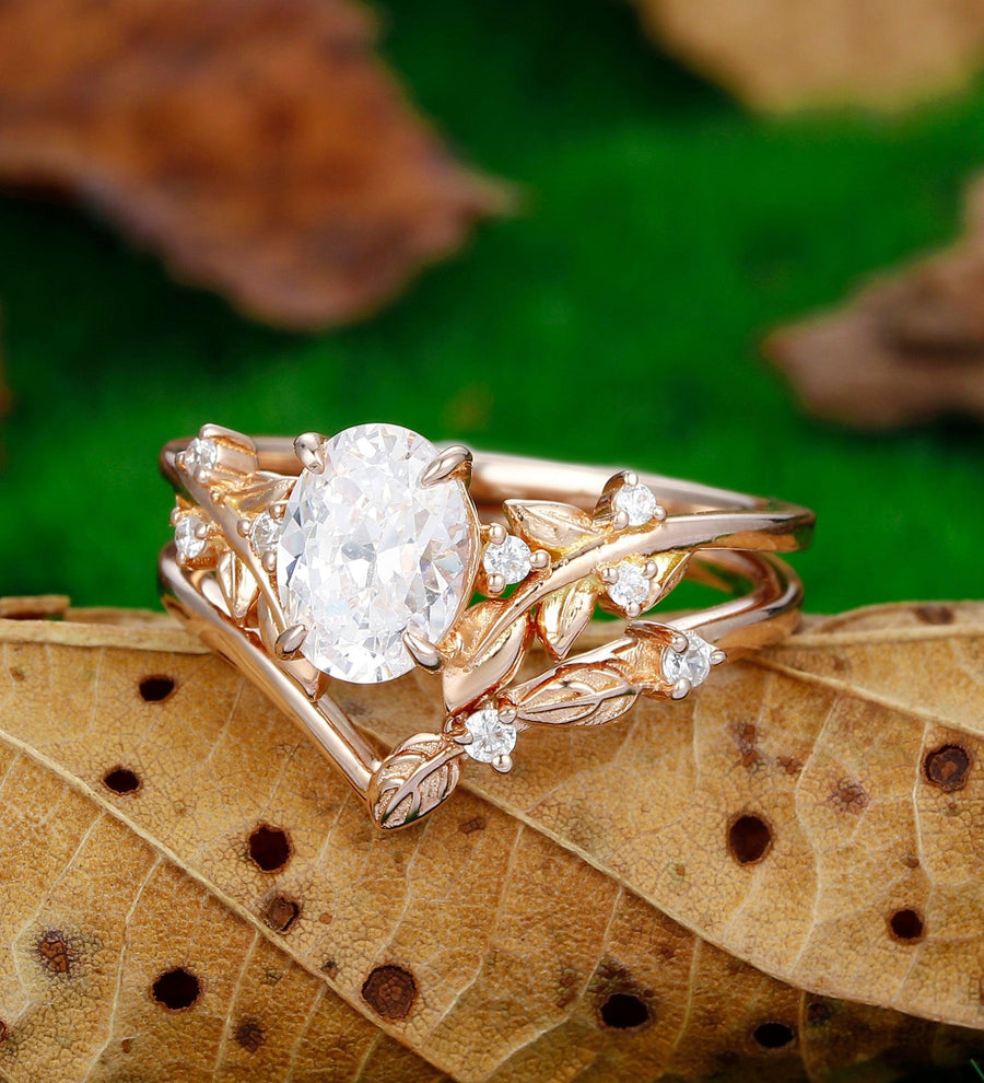 Unique Oval Shaped 1.5Carat Moissanite Rose Gold Leaf Stacking Art Deco Bridal Set - Esdomera
