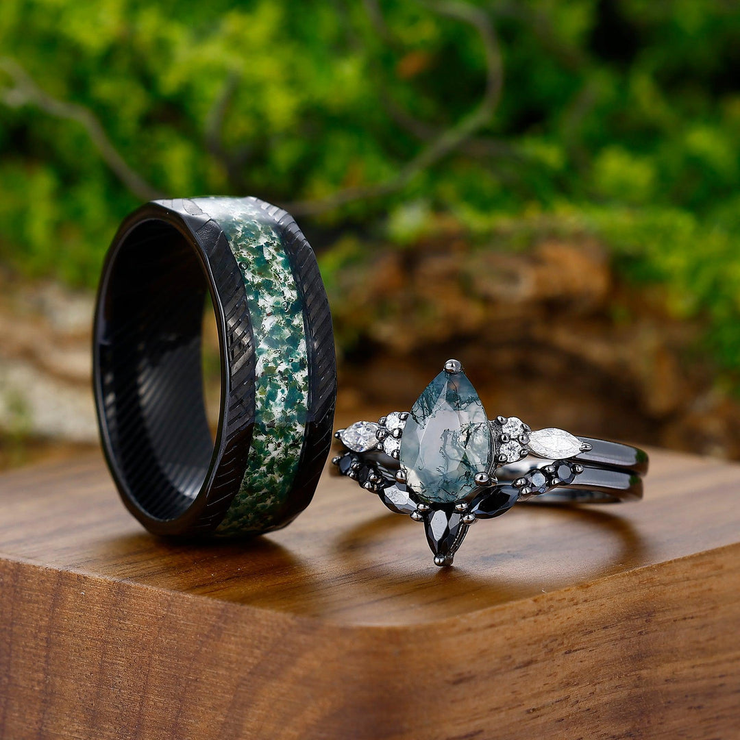 Unique Pear Green Moss Agate Ring Set For Couples His and Hers Wedding Band Silver Black Damascus Steel - Esdomera