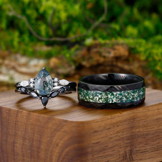 Unique Pear Green Moss Agate Ring Set For Couples His and Hers Wedding Band Silver Black Damascus Steel - Esdomera