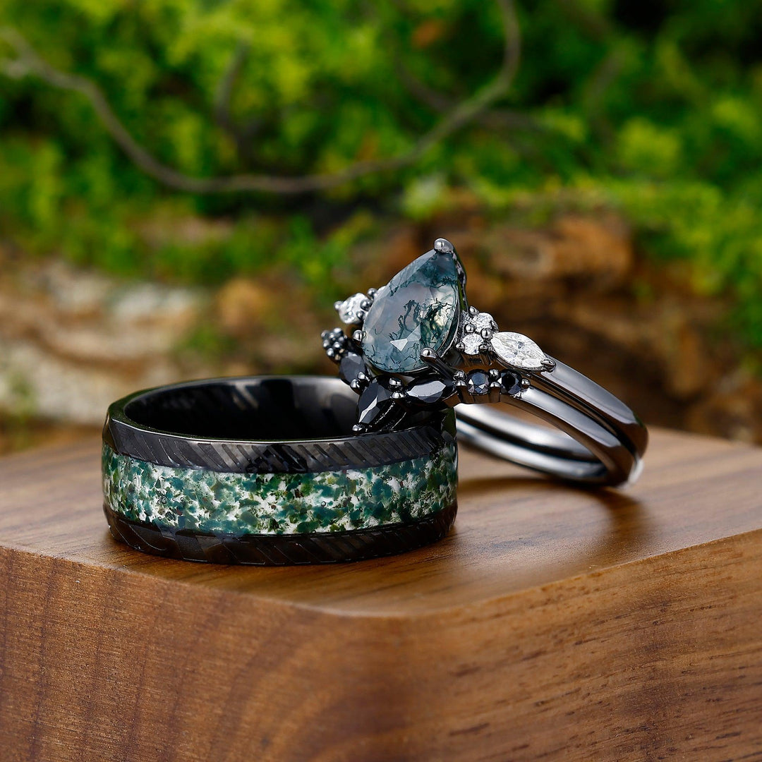 Unique Pear Green Moss Agate Ring Set For Couples His and Hers Wedding Band Silver Black Damascus Steel - Esdomera