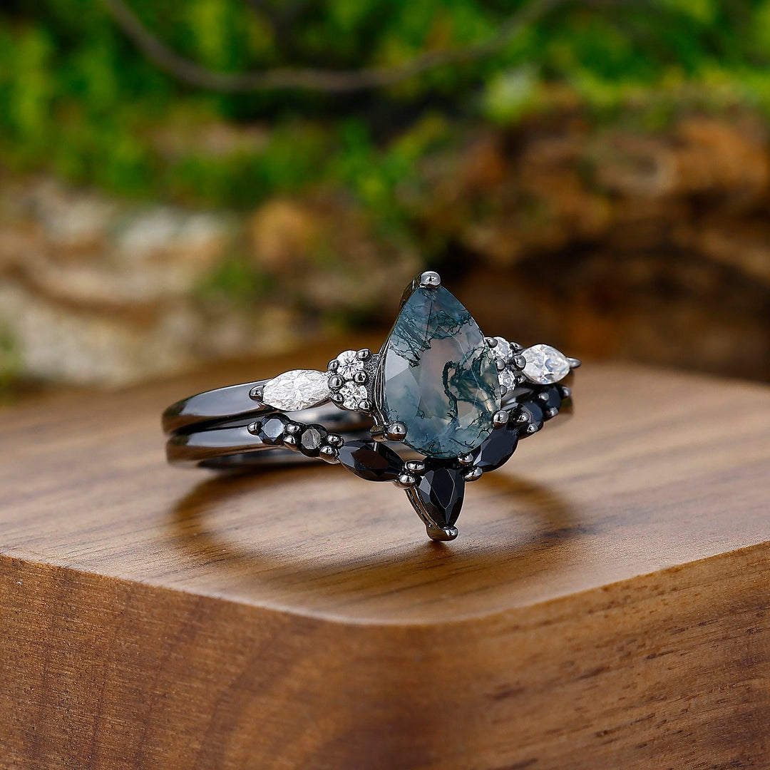 Unique Pear Green Moss Agate Ring Set For Couples His and Hers Wedding Band Silver Black Damascus Steel - Esdomera