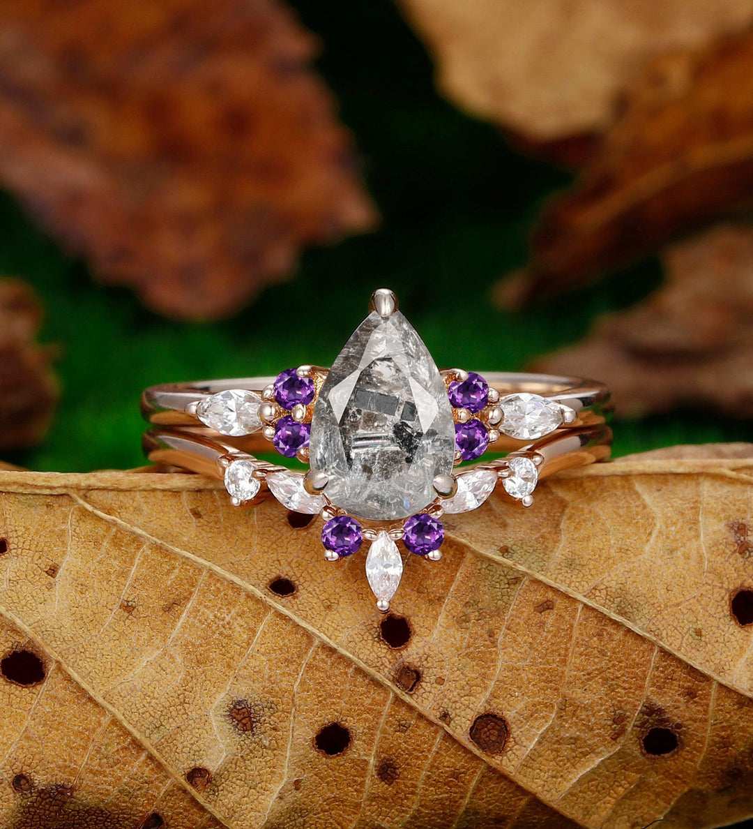 Unique Pear Shaped Herkimer Diamond Art Deco Purple Amethyst Curved Stacking Matching Bridal Set - Esdomera