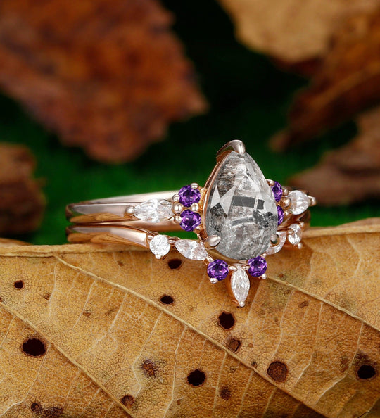 Unique Pear Shaped Herkimer Diamond Art Deco Purple Amethyst Curved Stacking Matching Bridal Set - Esdomera