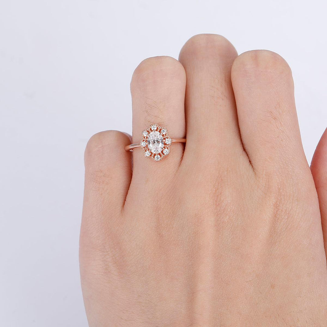 Unique Prongs Setting Oval Moissanite Floral Engagement Ring Anniversary Bridal Ring For Wedding Gift - Esdomera