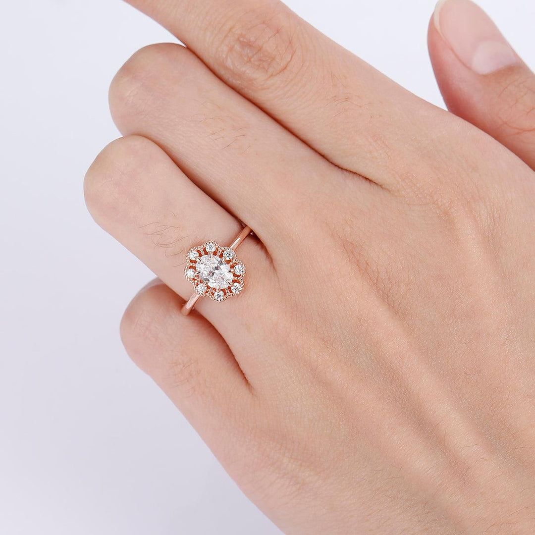 Unique Prongs Setting Oval Moissanite Floral Engagement Ring Anniversary Bridal Ring For Wedding Gift - Esdomera