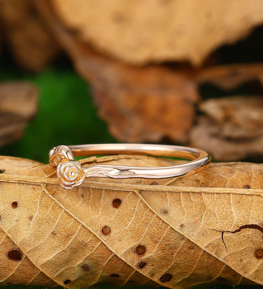 Unique Rose Design Bridal Band Floral Wedding Band - Esdomera