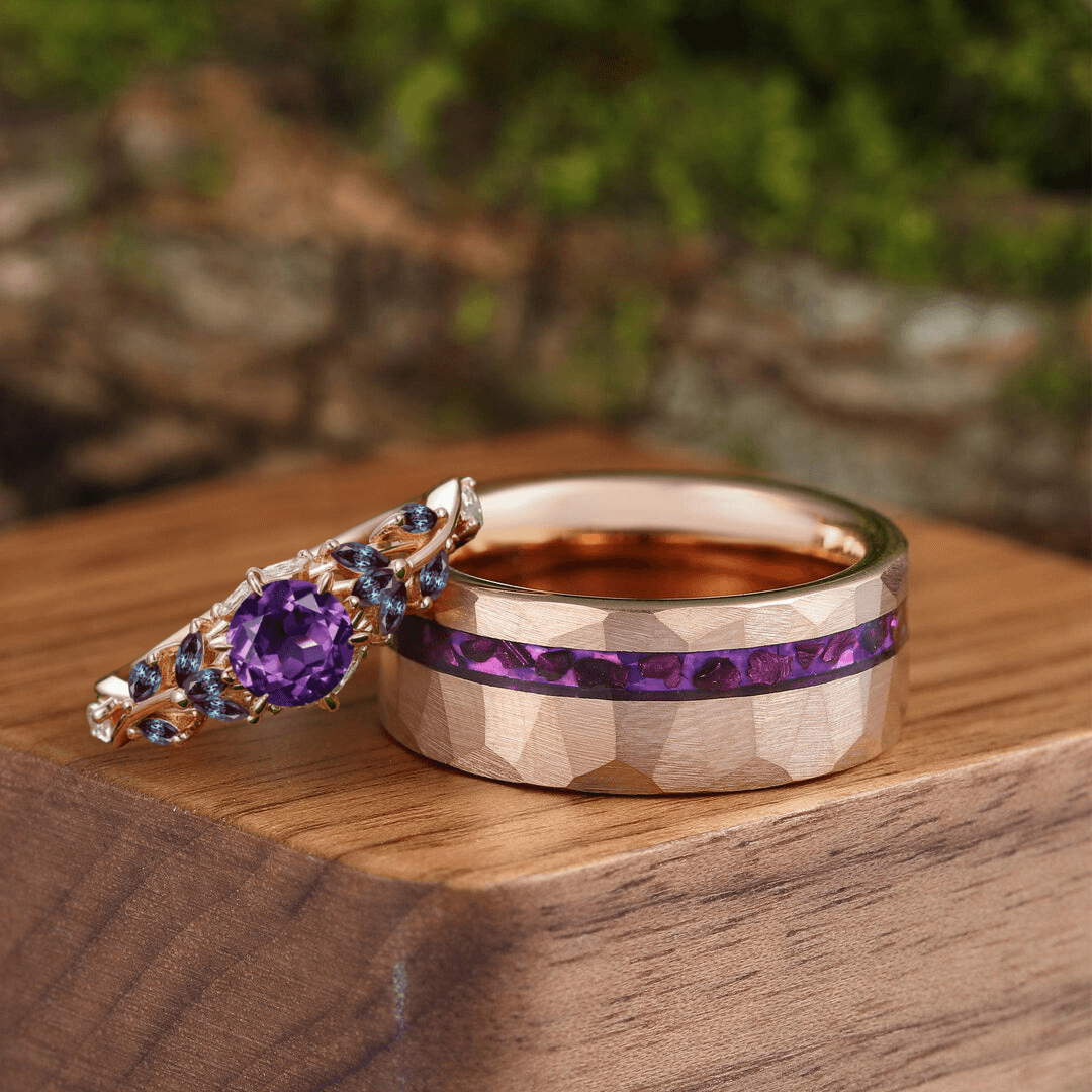 Unique Round Amethyst Engagement Branches Couples Ring Set Tungsten Matching Ring For Men For Women - Esdomera