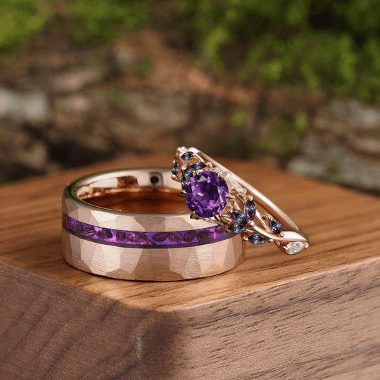 Unique Round Amethyst Engagement Branches Couples Ring Set Tungsten Matching Ring For Men For Women - Esdomera