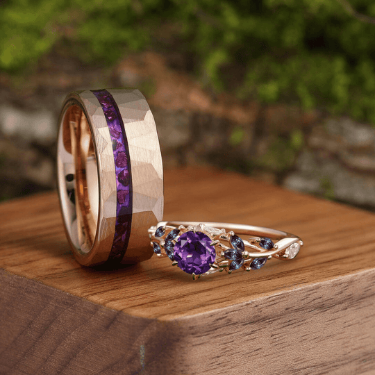 Unique Round Amethyst Engagement Branches Couples Ring Set Tungsten Matching Ring For Men For Women - Esdomera