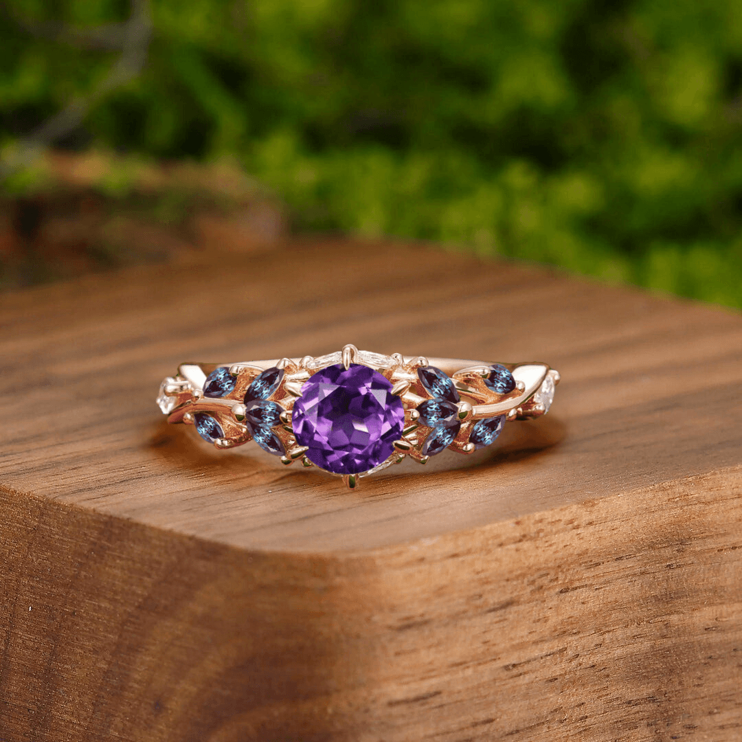 Unique Round Amethyst Engagement Branches Couples Ring Set Tungsten Matching Ring For Men For Women - Esdomera