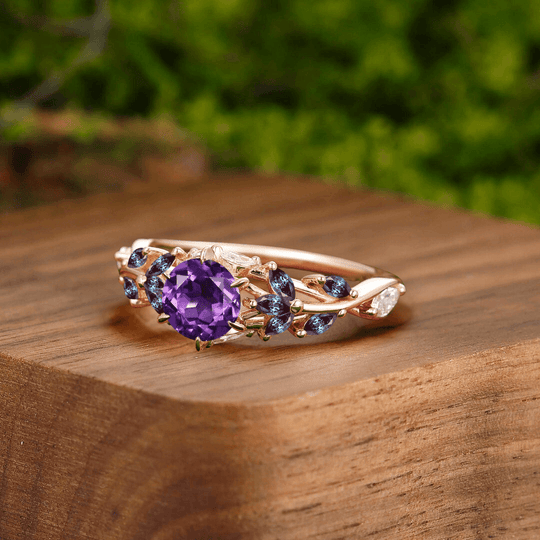 Unique Round Amethyst Engagement Branches Couples Ring Set Tungsten Matching Ring For Men For Women - Esdomera