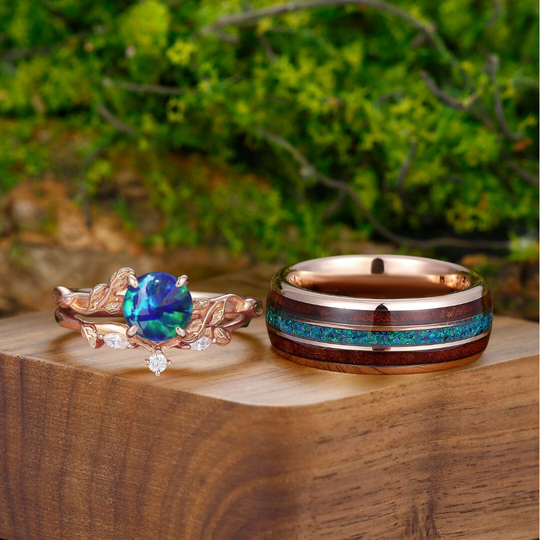 Unique Round Peacock Green Opal His And Hers Wedding Ring Blue Green Promise Engagement Couple Rings - Esdomera