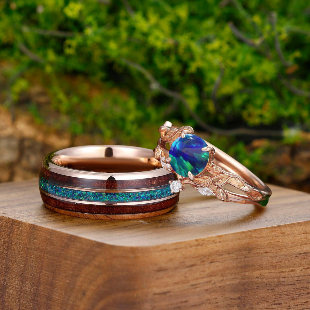 Unique Round Peacock Green Opal His And Hers Wedding Ring Blue Green Promise Engagement Couple Rings - Esdomera