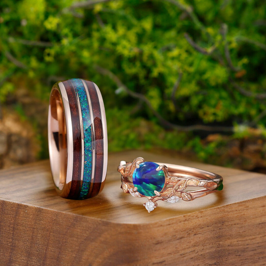 Unique Round Peacock Green Opal His And Hers Wedding Ring Blue Green Promise Engagement Couple Rings - Esdomera