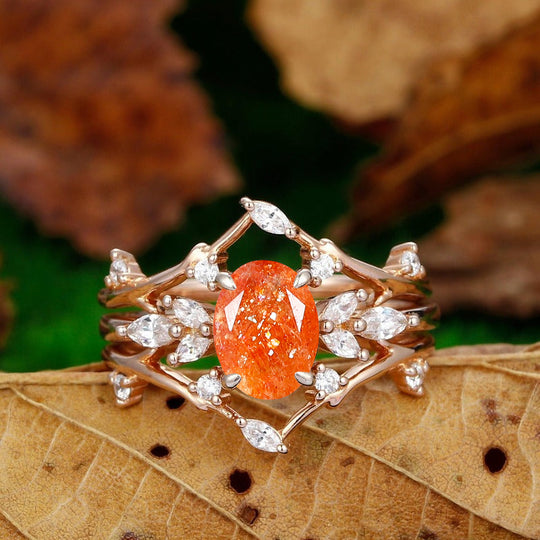 Unique Twig Nest Orange Sunstone Engagement Ring Set 2 Piece Women Promise Bridal Bands - Esdomera