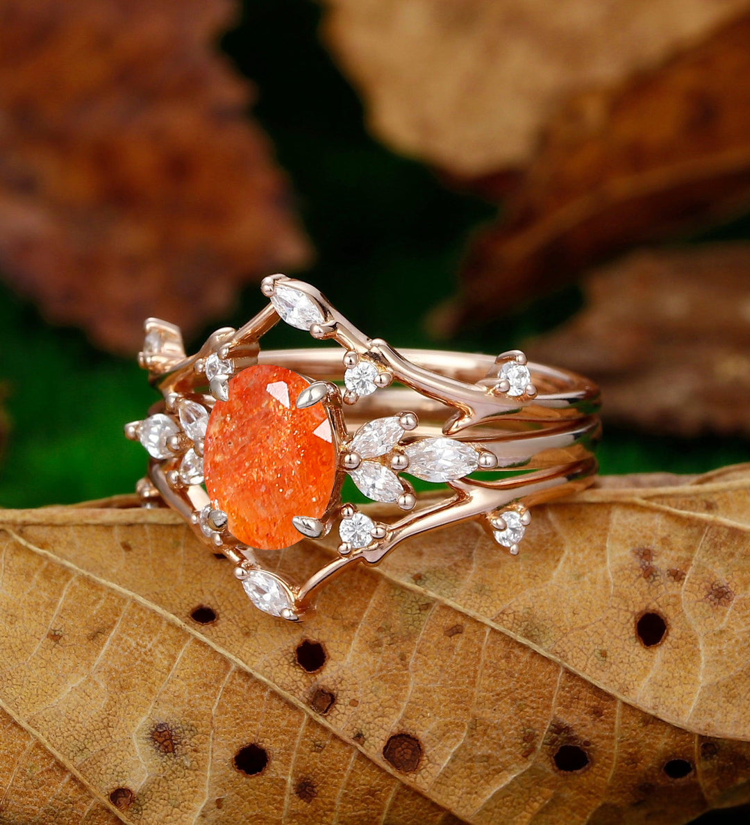 Unique Twig Nest Orange Sunstone Engagement Ring Set 2 Piece Women Promise Bridal Bands - Esdomera