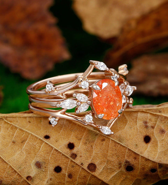 Unique Twig Nest Orange Sunstone Engagement Ring Set 2 Piece Women Promise Bridal Bands - Esdomera