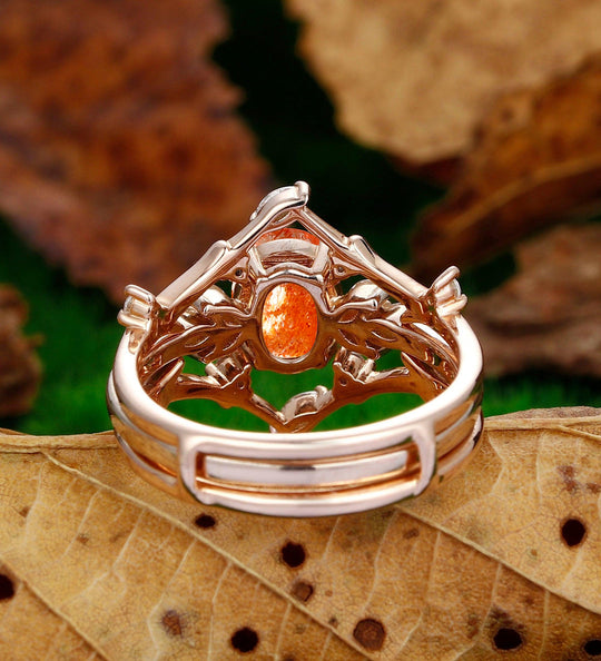 Unique Twig Nest Orange Sunstone Engagement Ring Set 2 Piece Women Promise Bridal Bands - Esdomera