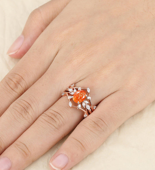 Unique Twig Nest Orange Sunstone Engagement Ring Set 2 Piece Women Promise Bridal Bands - Esdomera