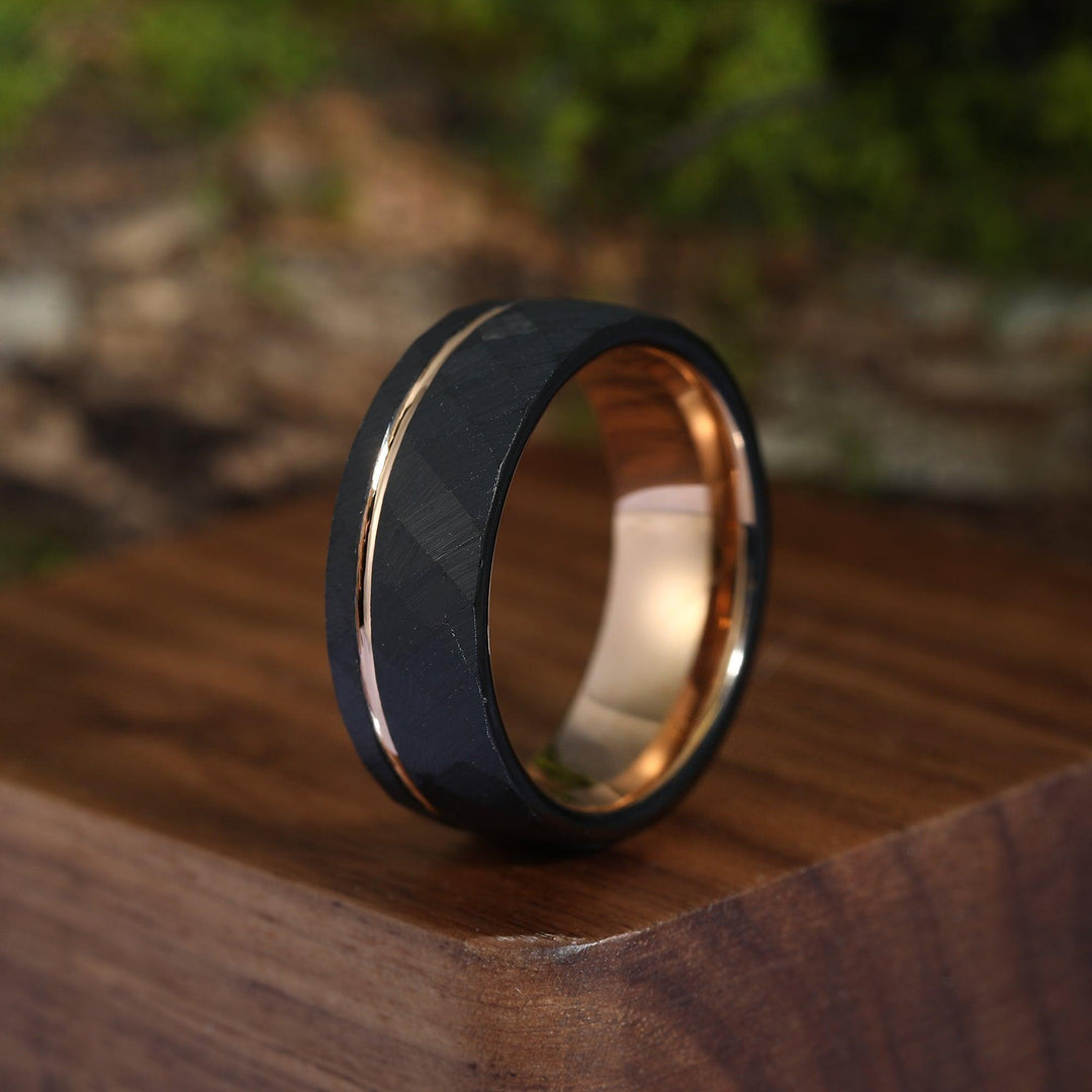 8mm Black Hammered Rose Gold Obsidian Mens Ring Gift For Him Black Tungsten Wedding Band - Esdomera