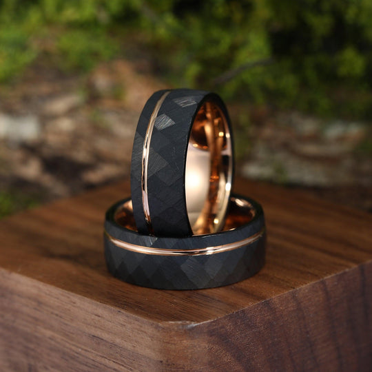 8mm Black Hammered Rose Gold Obsidian Mens Ring Gift For Him Black Tungsten Wedding Band - Esdomera