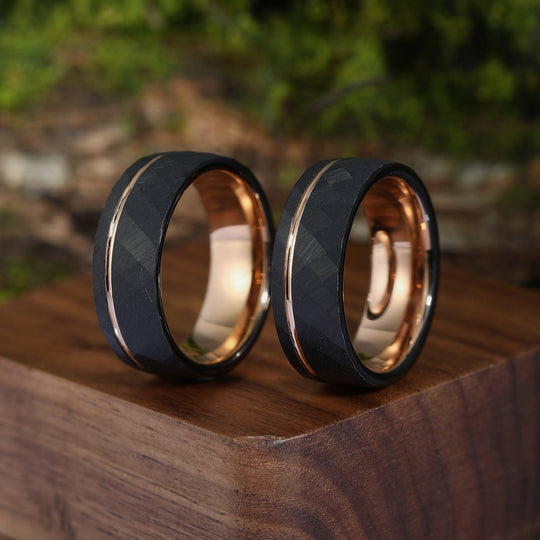 8mm Black Hammered Rose Gold Obsidian Mens Ring Gift For Him Black Tungsten Wedding Band - Esdomera