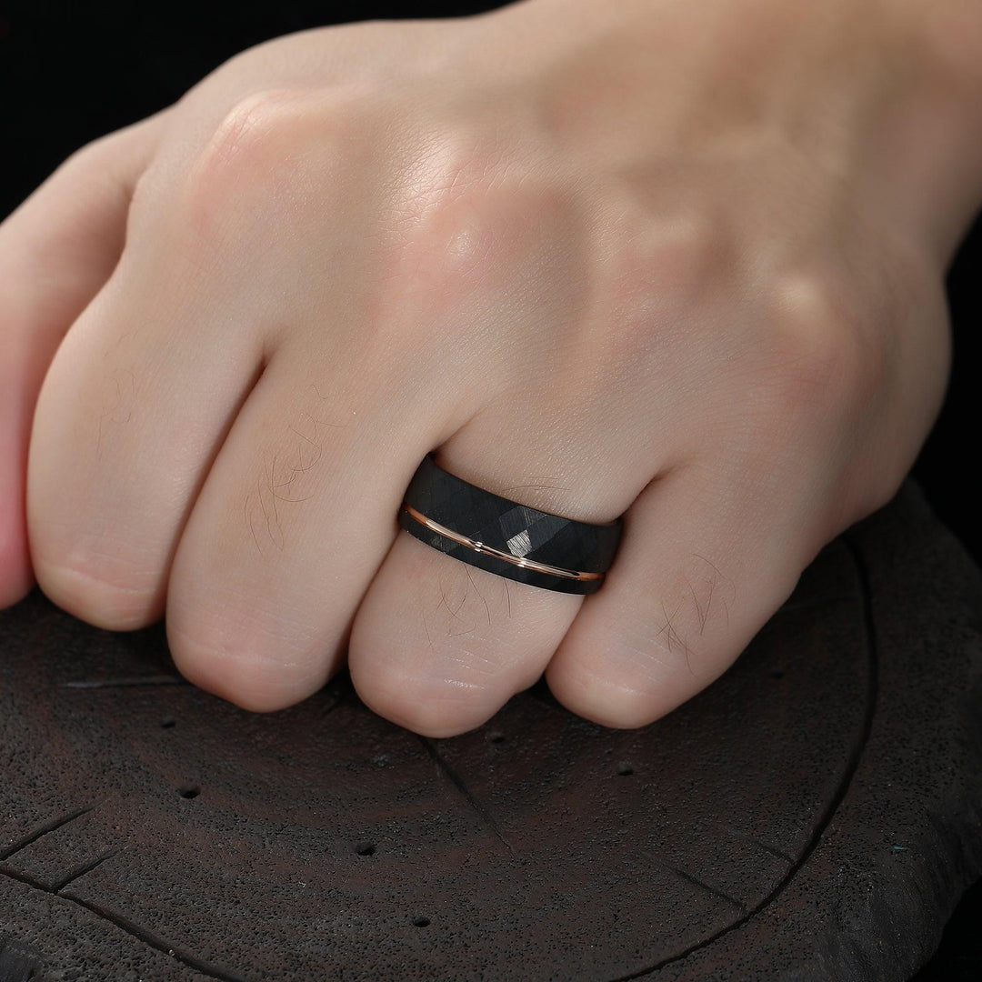 8mm Black Hammered Rose Gold Obsidian Mens Ring Gift For Him Black Tungsten Wedding Band - Esdomera