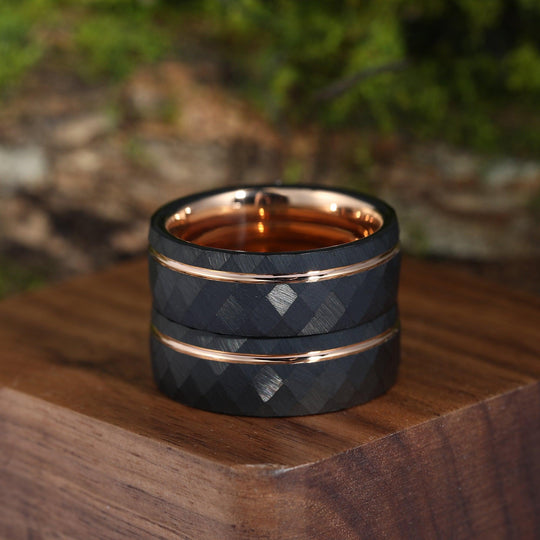 8mm Black Hammered Rose Gold Obsidian Mens Ring Gift For Him Black Tungsten Wedding Band - Esdomera