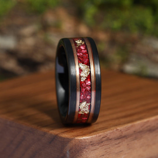 Rose Gold Leaf Ruby Black and Rose Gold Two Tone Mens Wedding Band Unique Gemstone Crushed Red Ruby Brushed Black Tungsten Ring - Esdomera