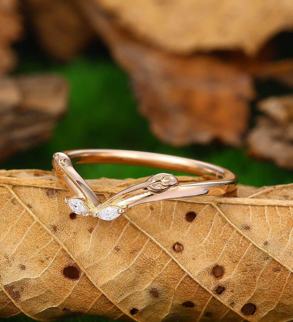 v shaped unique leaf wedding band antique matching ring handmade promise anniversary band - Esdomera