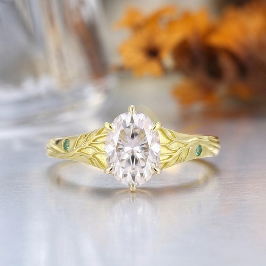 1.5CT Oval Cut Moissanite Nature Inspired Leaf Engagement Ring, 14K Gold