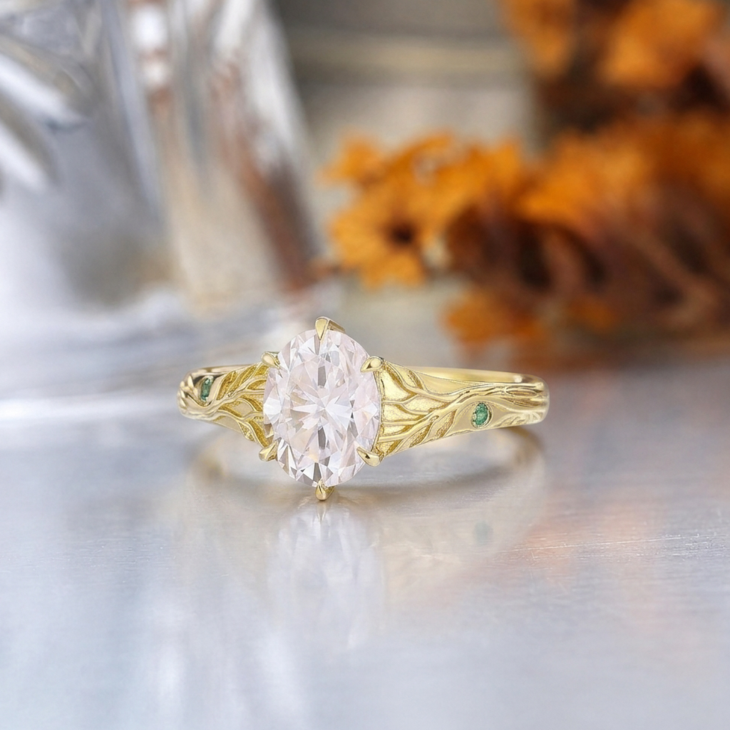 1.5CT Oval Cut Moissanite Nature Inspired Leaf Engagement Ring, 14K Gold