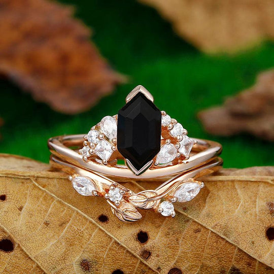 Vintage 1.1 CT 14K Rose Gold Cluster Natural Black Onyx Art Deco Leaf Leaf Band Engagement Ring Set - Esdomera