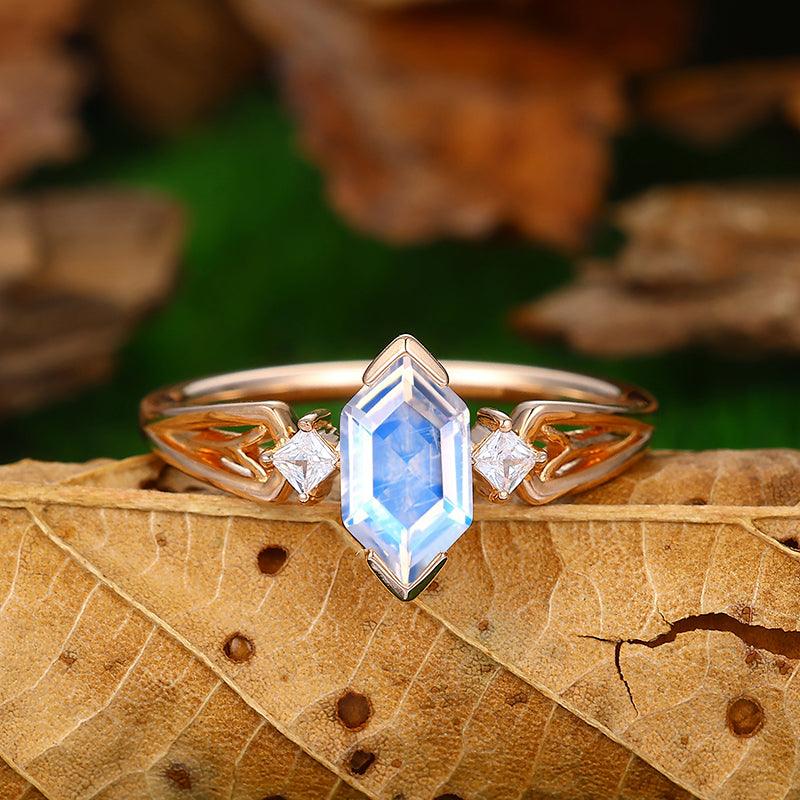 Vintage 1.1 CT Hexagon Cut Half Eternity Cluster Moonstone Engagement Ring - Esdomera