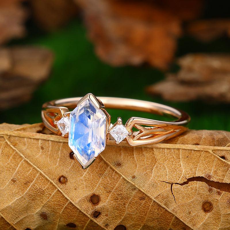 Vintage 1.1 CT Hexagon Cut Half Eternity Cluster Moonstone Engagement Ring - Esdomera