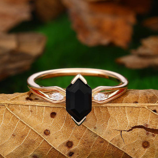 Vintage 1.1 CT Long Hexagon Cut Natural Black Onyx Bridal Ring Sterling Sliver - Esdomera
