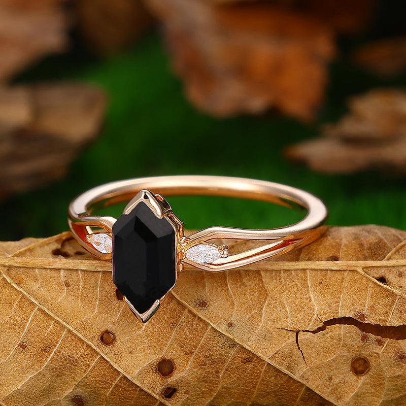 Vintage 1.1 CT Long Hexagon Cut Natural Black Onyx Bridal Ring Sterling Sliver - Esdomera